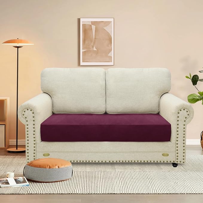 MAXIJIN Velvet Stretch Couch Cushion Covers Soft Loveseat Cushion Cover Replacement Sofa Seat Cushion Slipcovers RV Protector with Elastic Bottom (1 Piece Loveseat Cushion Cover, Wine Red)