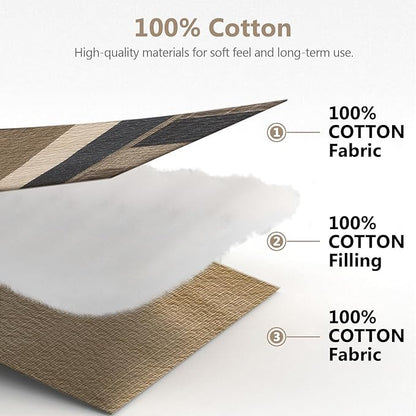 100% Cotton 128"x120" Oversized Quilt Bedspread, Plaid Pattern California King Extra Large Quilt Bedding Set, Reversible Cal King XL Bed Spread Lightweight Comforter, Brown/Beige/Cream, 3Pcs