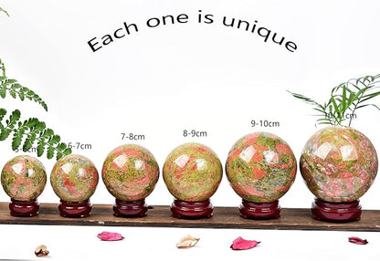 JIC Gem Unakite Stone Crystal Sphere Ball with Decorative Stand Quartz Crystal Ball Healing Gemstone Sphere for Fengshui Reiki Decor (50-60mm)