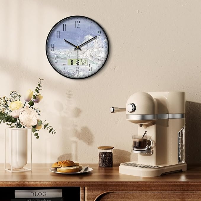 Digital Wall Clock Battery Operated with Day and Date Temperature Blue White Wave Calendar Clock with Large Display Silent for Room Bathroom Bedroom Living Room Farmhouse Decor 14 Inch