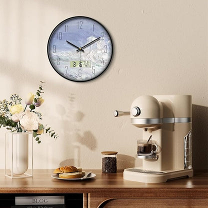 Digital Wall Clock Battery Operated with Day and Date Temperature Blue White Wave Calendar Clock with Large Display Silent for Room Bathroom Bedroom Living Room Farmhouse Decor 12 Inch
