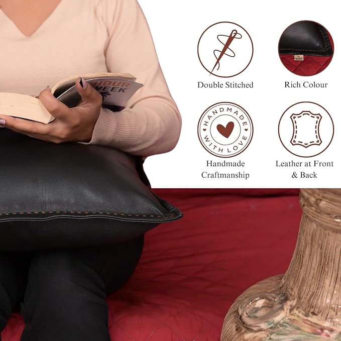 Genuine Lambskin Leather Pillow Cover, 16x16 Inch Case for Lumbar Throw Couch Pillows, Thick & Soft Cushion Covers for Sofa Bed Home Décor (Black & Tan Box Pack of 2)