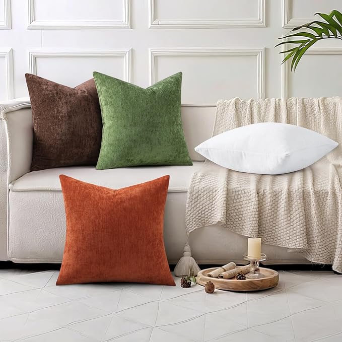 decorUhome Chenille Brown Throw Pillow Covers 20x20 Inch Set of 2, Decorative Soft Couch Pillow Covers Solid Dyed Accent Velvet Farmhouse Neutral Square Pillow Cases for Sofa Bed Living Room