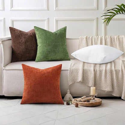 decorUhome Chenille Brown Throw Pillow Covers 18x18 Inch Set of 2, Decorative Soft Couch Pillow Covers Solid Dyed Accent Velvet Farmhouse Neutral Square Pillow Cases for Sofa Bed Living Room