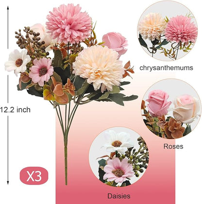 3 Pcs Fall Flowers Artificial Mums Silk Fake Mums Bouquet Faux Floral Arrangements Home Indoor Outdoor Planter Decor Party Wedding Table Autumn Decoration (Pink)