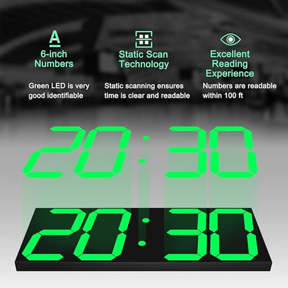 LED Large Digital Wall Clock, Oversize Wall Clock with 6” Numbers, Remote Control Count up/Countdown Timer Clock, Auto Dimmer, Big Calendar and Thermometer(Green)