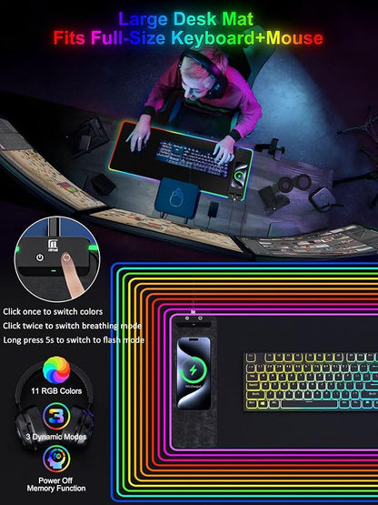 RGB Gaming Mouse Pad with Fast Wireless Charger, LED Extended Desk Mat, Home Office Large Desk Pad with Ultra-Smooth Surface, Non-Slip Base, Waterproof Keyboard Pad (Black)