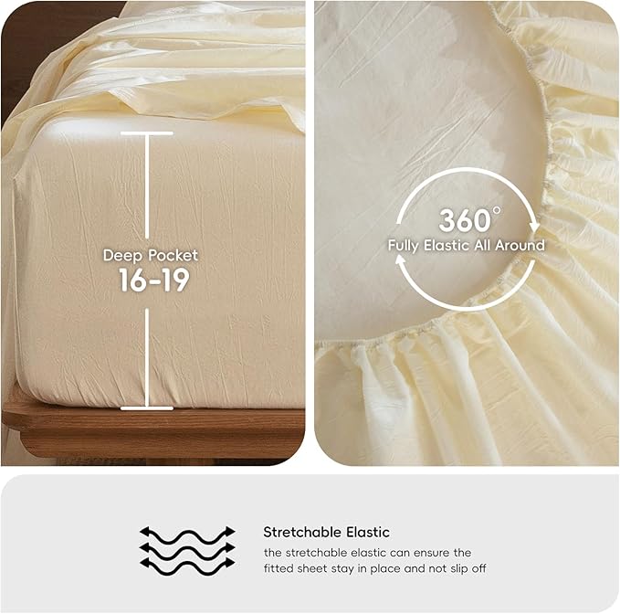 MooMee Bedding Sheet Set 100% Washed Cotton Linen Like Textured Breathable Durable Soft Comfy (Solid Cream White, Split King)