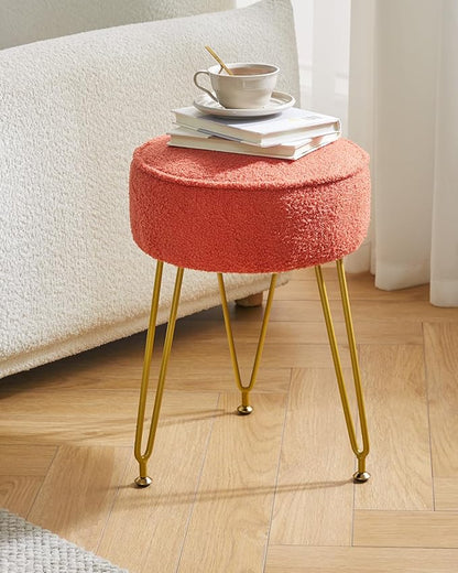 IBUYKE Teddy Velvet Round Footrest Stool Ottoman, Makeup Vanity Stool Side Table, Velvet Dressing Table Seat, Pouf Couch Stool, for Living Room Bedroom, Orange WBD009J