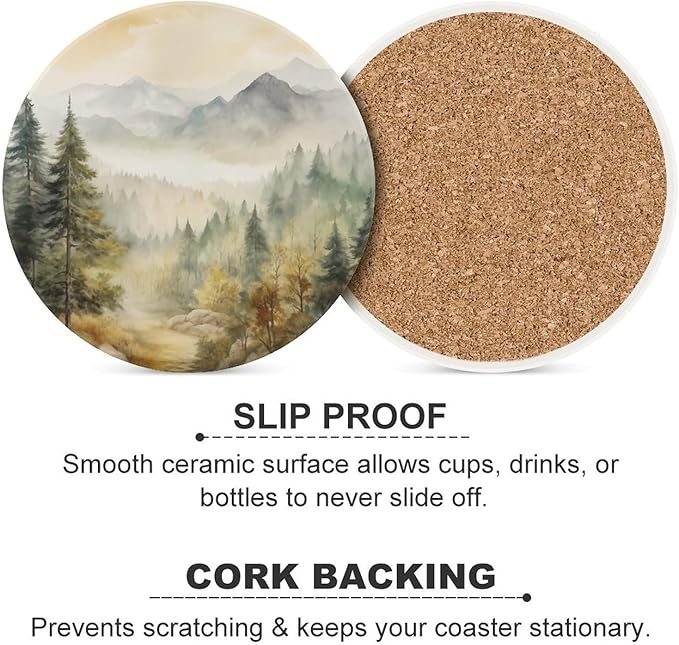 Round-6PCS Forest Ceramic Coasters, Round Absorbent Drink Coasters, Watercolor Mountain Forest Nature Tree Woodland Ceramic Table Coasters for Coffee, Beverage, Wine, Beer Coasters