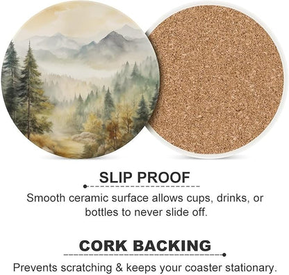 Forest Drink Coasters, Round Ceramic Drink Coaster Round-4PCS, Watercolor Mountain Forest Nature Tree Woodland Decor Absorbent Ceramic Coasters for Beverage Cup, Bar, Coffee Table