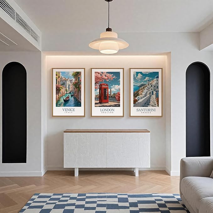 HLNIUC Italy Coast Wall Art Framed, Blue Europe Cityscape Italian Wall Decor set of 3 (24"x36"), Venice London Santorini Travel Landmark Beach Canvas Painting for Living Room, Bedroom, Office