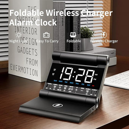 Alarm Clock with Wireless Charging for bedrooms, Heavy Sleepers, Travel, Teens, Digital Smart Desk Clock, Dual Alarms, 4 Level Brightness, Foldable Design,Build-in Battery