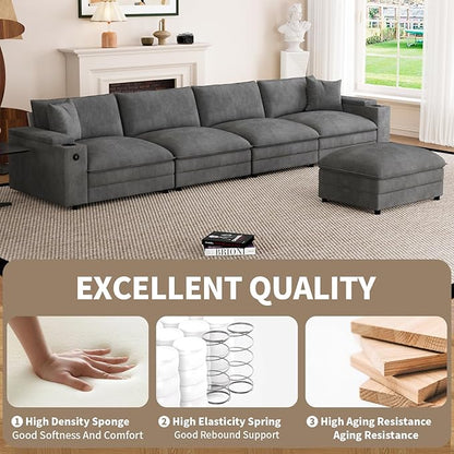 148.7" L Shaped Cloud Sofa Couch with Ottoman, Storage Armrest, Cup Holders, USB & Type-C Ports, Spring Cushions, Solid Wood Frame, Chenille Modular Sectional for Living Room (Dark Gray-L-148.7")