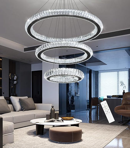 3 Rings Chandelier Modern Dimmable High Ceiling Large Ring Chanderliers Entryway Crystal Pendant Lights for Entryway Foyer Living Room Black Light