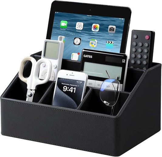 Remote Control Holder with 5 Compartments for Office Art Supplies, PU Leather Nightstand Organizer Pencil Pen Desk Caddy for Home, Desktop TV Remote Control Organizer Storage (Black)