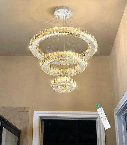 3 Rings LED Chandelier Modern Dimmable Dining Room Chanderliers Entryway Crystal Pendant Lights for Kitchen Bedroom Living Room Silver Light