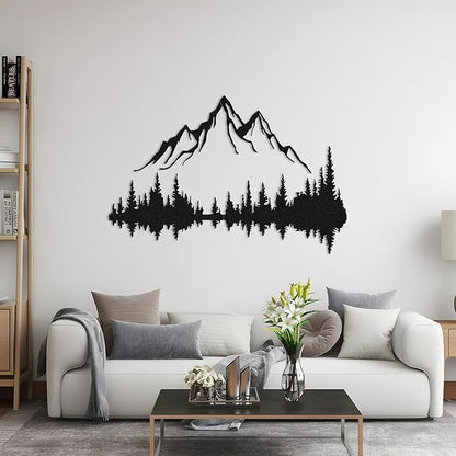 Mountain Lake Forest Large Metal Wall Art Black Minimalist Nature Silhouette Wall Decor Outdoor Landscape Wall Sculpture (47.2x31.5 inches / 120x80 cm)