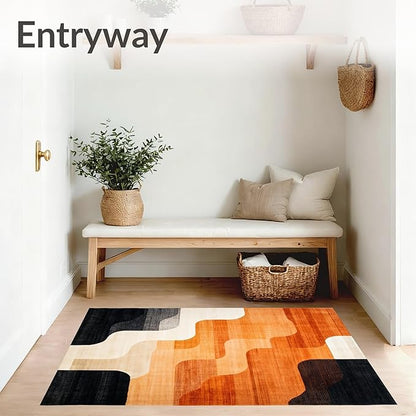 Flatwoven High Traffic Area Rug 8x10, Copper Black Burnt Orange Abstract Indoor Floor, Non Slip, Stain Resistant, Washable Area Rugs for Living Room, Bedroom (Beige, 8x10)
