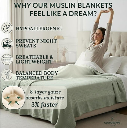 Cloud Scape Linen 100% Cotton 8 Layer Twin Size Muslin Blanket - Breatheable and Soft Winter Blanket for Bed, Couch and Sofa, Oversized Fits up to Twin XL, Best Gift Idea, 68x92, Sage Green