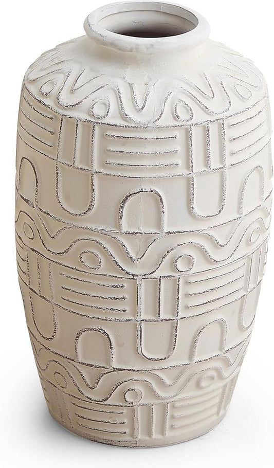Large White Ceramic Vase - 7.5" H Embossed Decorative Vases for Home Decor, Modern Boho Rustic Table Centerpieces for Living Room, Dining Room, Shelf, Mantel, Office
