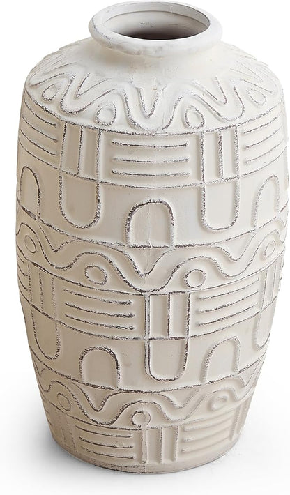 Large White Ceramic Vase - 9.6" H Embossed Decorative Vases for Home Decor, Modern Boho Rustic Table Centerpieces for Living Room, Dining Room, Shelf, Mantel, Office