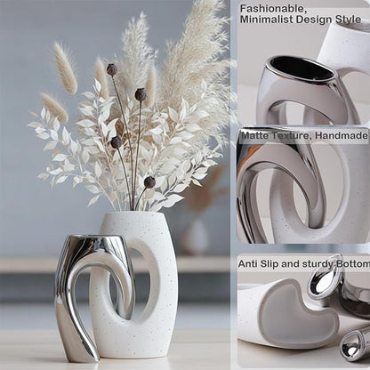 Ceramic Vase Set of 2 by DecoVlog, White and Silver Hollow Living Room Decor Vase, Minimalist Decorative Modern Boho Vase for Table Centerpiece Wedding Dining Living Room Office House Decoration