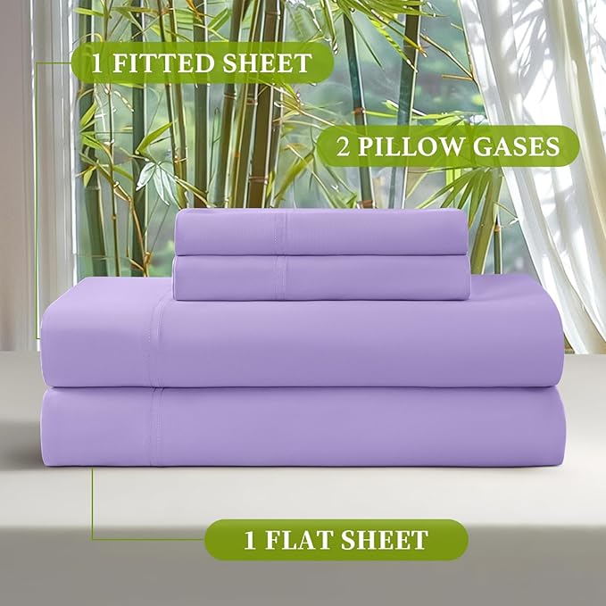 Shilucheng 100% Viscose Derived from Bamboo_ Sheets Queen Size 4pcs - Ultra Cooling & Silky Soft Bed Sheets, 16" Deep Pocket, Perfect for Hot Sleepers, Hotel Bedding Sheets (Lilac)