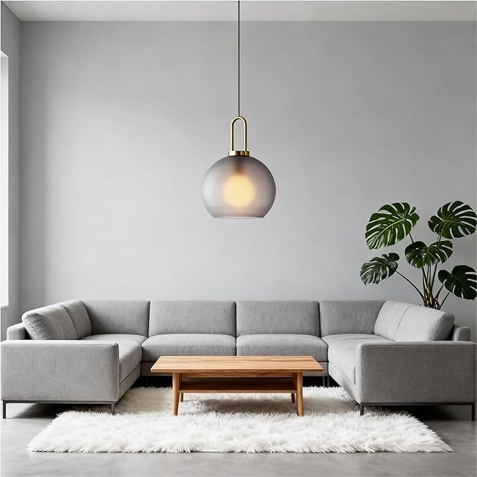 250mm Frosted Grey Spherical Glass Pendant Light, Frosted Grey Glass Globe with Brass Socket Hanging Lamp for Kitchen Island (25CM)