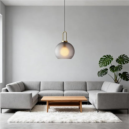 250mm Frosted Grey Spherical Glass Pendant Light, Frosted Grey Glass Globe with Brass Socket Hanging Lamp for Kitchen Island (25CM)