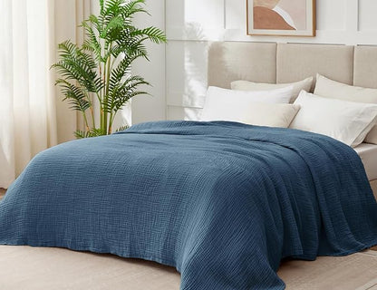 100% Cotton Muslin Blanket King 108" x 90", 6 Layers Breathable and Lightweight Cotton Throw Blanket for Bed, Soft Quilt Bedspread Coverlet, Gauze Blanket for Adults All Season, Blue
