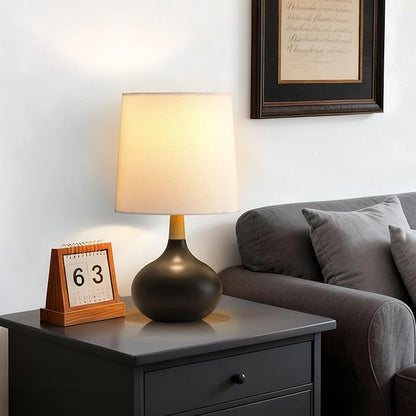 14" Ceramic Table Lamp Set of 2 with Natural Wood Stem & Linen Shade for Bedroom Decor,Modern Farmhouse Small Bedside Lamp for Nightstand, Living Room & Office (Black)
