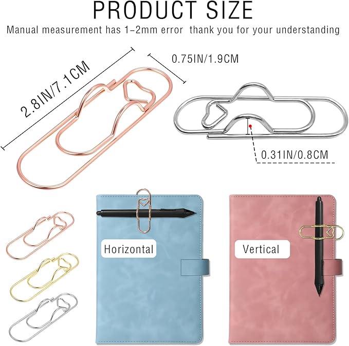 30PCS Metal Pen Clips,Paperclip Pen Holder,Heart Shaped Paper Clip Pen Holder for Notebook,Journal,Planner&Book,Portable Bookmark Paperclip Clip School Office Supplies Accessory(Silver/Gold/Rose Gold)