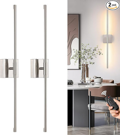 Battery Operated Wall Sconces Set of 2, Dimmable Battery Wall Sconce with Remote Control, Sand-Nickel LED Rechargeable Sconces, 24 Inch Modern Wireless Wall Lights for Bedroom, Living Room