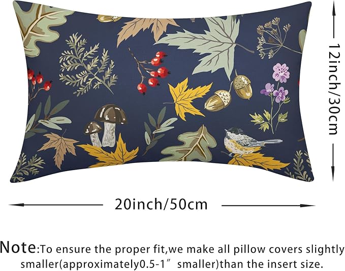 Bird Fall Lumbar Pillow Covers 12x20 Set of 2 Navy Autumn Leaf Animal Print Pillow Cases Mushroom Acorns Outdoor Decorative Holiday Cushion Cover Rustic Decoration Farmhouse Home Sofa Couch Bed Decor