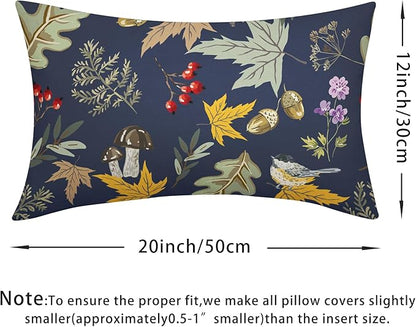 Bird Fall Lumbar Pillow Covers 12x20 Set of 2 Navy Autumn Leaf Animal Print Pillow Cases Mushroom Acorns Outdoor Decorative Holiday Cushion Cover Rustic Decoration Farmhouse Home Sofa Couch Bed Decor