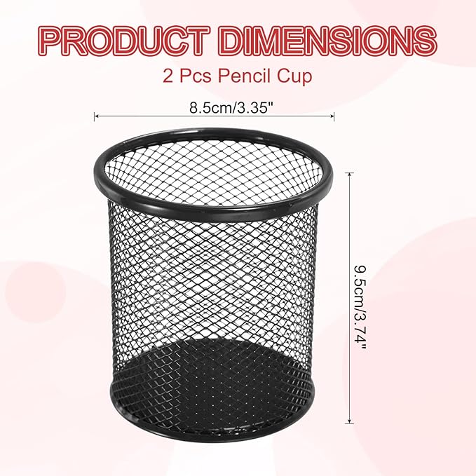 uxcell 2Pcs Mesh Pencil Holder, Metal Pen Cup Desk Organizer Makeup Brush Cup Holder for Home, Office, Classroom(Black)
