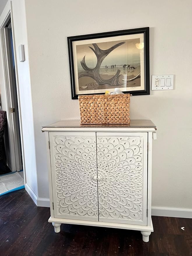 MAISON ARTS White Accent Cabinet with 2 Doors, Farmhouse Distressed Storage Cabinet w/Solid Wood Legs for Living Room Entryway, Kitchen Sideboard Buffet Cabinet, Feather Pattern
