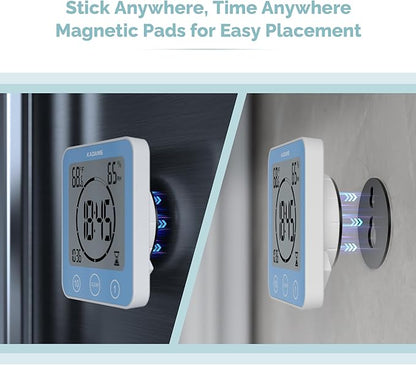 KADAMS Shower Clock Waterproof Bathroom Timer – Digital Wall Clock with Countdown, Magnetic Kitchen Clock with Temperature & Humidity, Suction Cup for Kids Shower Spa Sauna Cook Bath, Blue
