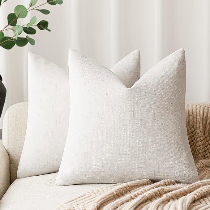 Foindtower Pack of 2 Textured Chenille Throw Decorative Pillow Covers Square Accent Solid Cushion Cover Cozy Neutral Farmhouse Pillow Case for Couch Sofa Bedroom Living Room 16x16 Inch, Ivory White