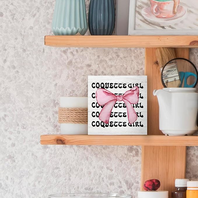 Coquette Room Decor Wood Box Sign Desk Decor, Pink Trendy Bow Decor, Preppy Aesthetic Girly Wooden Block Sign Decorations for Girl College Dorm Bedroom Wall Tabletop Shelf Decor
