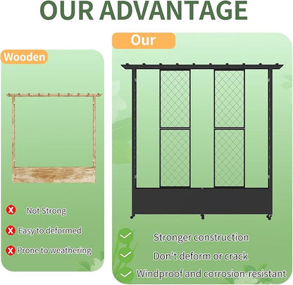 Raised Garden Bed with Trellis & Hanging Roof, Weatherproof Metal Planter Box with Wheels, Garden Arch Trellis for Outdoor Climbing Plants Vines Flowers, 74" H x 77" L x 17" W, Black