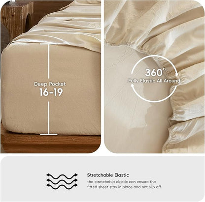 MooMee Bedding Sheet Set 100% Washed Cotton Linen Like Textured Breathable Durable Soft Comfy (Heathered Almond Milk Grey, Twin)