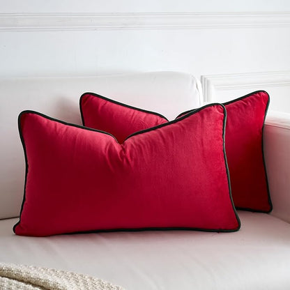 LIGICKY Set of 2 Christmas Red Velvet Lumbar Pillow Covers Modern Minimalist Style Solid Decorative Dark Green Rope Edging Soft Rectangle Cushion Cases for Sofa Bedroom Party Décor, 12 x 20 inch