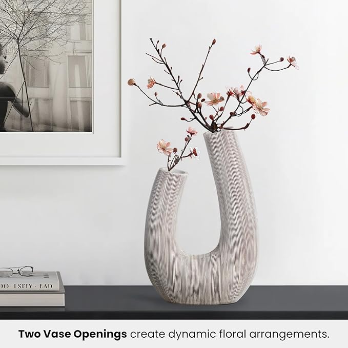 Torre & Tagus White U Shaped Vase for Flowers - 12 Inch Tall Textured Vases for Centerpieces with 2 Openings, Sculptures Home Decor & Abstract Sculptures Home Decor for Shelf Decor Aesthetic (Alma)