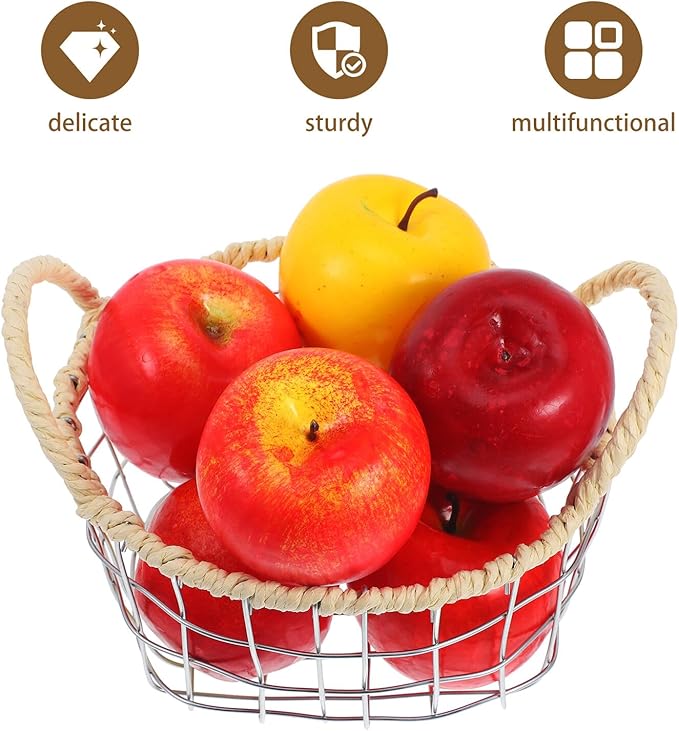 Woven Iron Wire Basket with Handles Small Size Desktop Fruit Holder Bread and Snack Storage Basket for Kitchen Countertop Organization