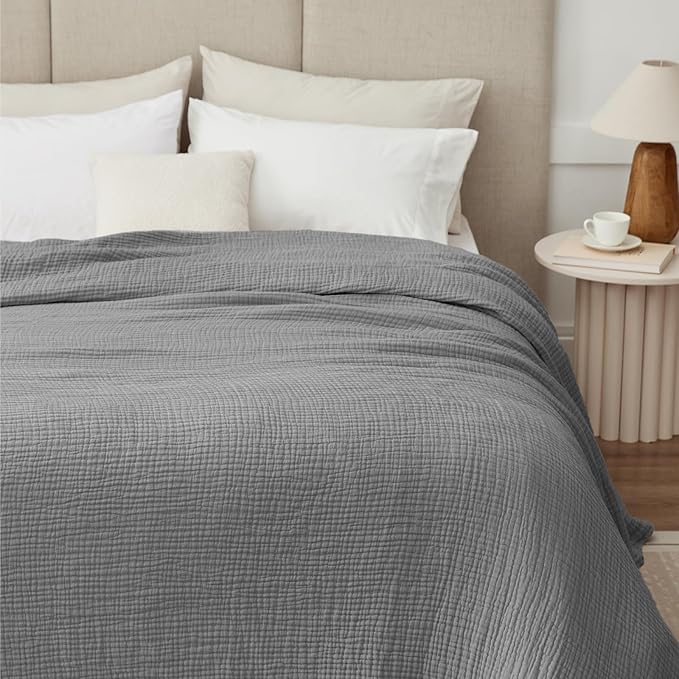 100% Cotton Muslin Blanket Queen 90" x 90", 6 Layers Breathable and Lightweight Cotton Throw Blanket for Bed, Soft Quilt Bedspread Coverlet, Gauze Blanket for Adults All Season, Grey