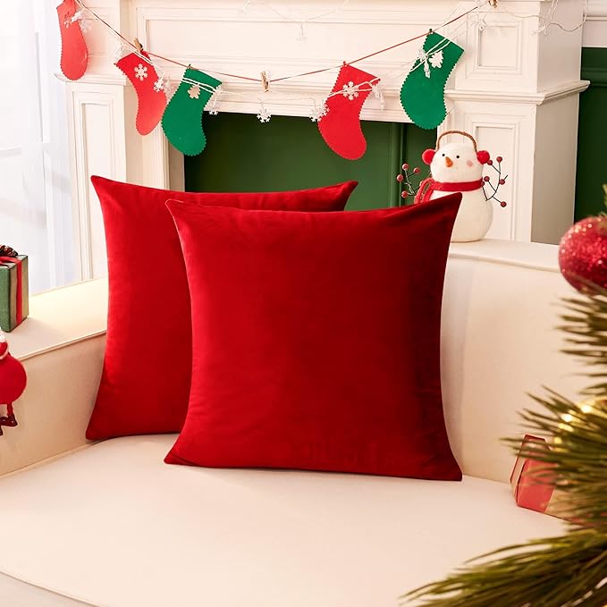Deconovo Decorative Velvet Throw Pillow Covers 16x16 Inch Set of 2, Soft Square Cushion Cases for Couch Sofa Living Room Decor Bedroom Outdoor Right Red Pillow Covers with Invisible Zipper