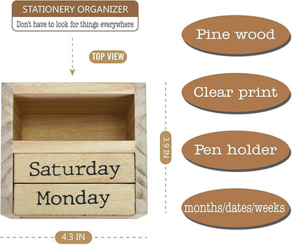Wooden Blocks Perpetual Calendar with Pen Holder - Natural Pine Wood Home Office Desk Organizer -Reusable Date Week Month Accessories Tabletop Ornament