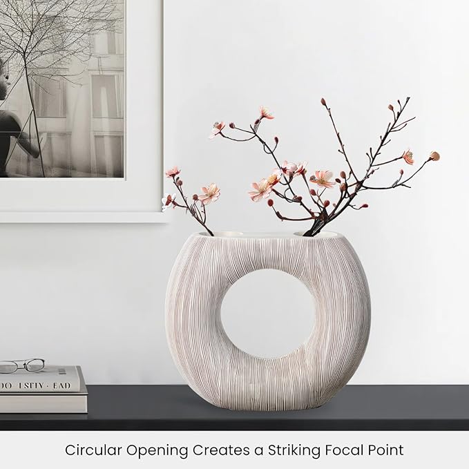 Torre & Tagus White Donut Vase for Flowers - 9 Inch Tall Textured Vases for Centerpieces with 2 Openings, Sculptures Home Decor & Abstract Sculptures Home Decor for Shelf Decor Aesthetic (Alma)